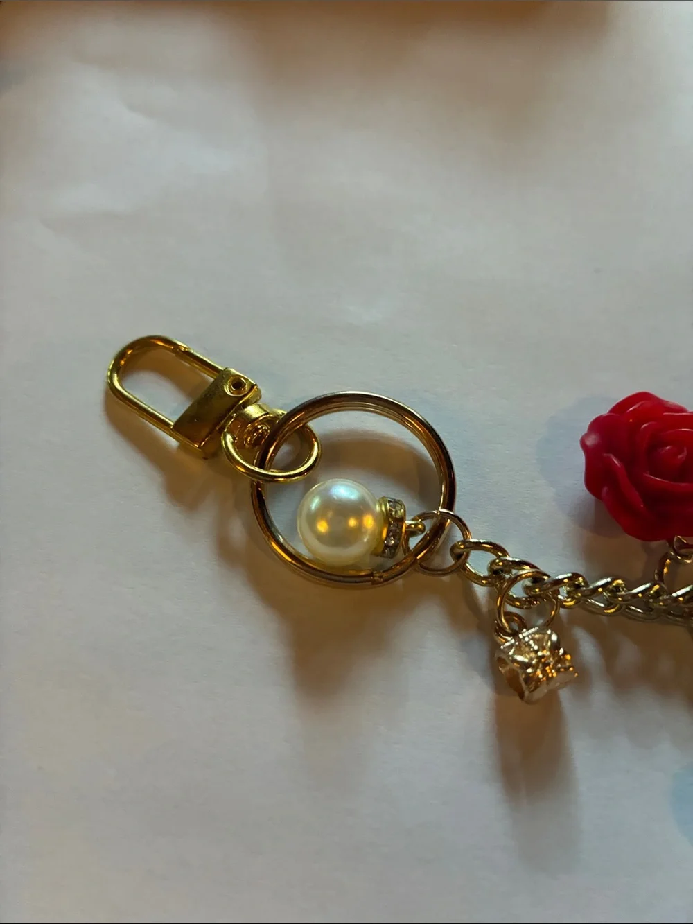 Gold-tone Red Rose Charm Keychain with Pearls